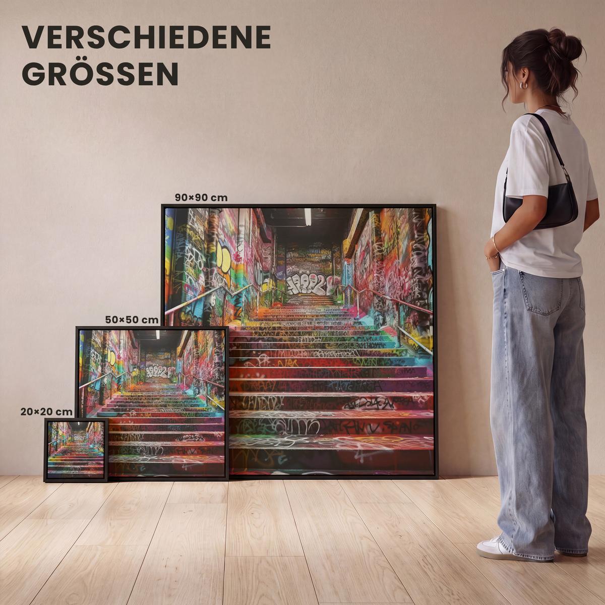LEINWAND Bilder mit Rahmen - Treppe - Graffiti - Farben - Kunst - 50x50 - Multicolor, Textil (50/50cm) - MuchoWow