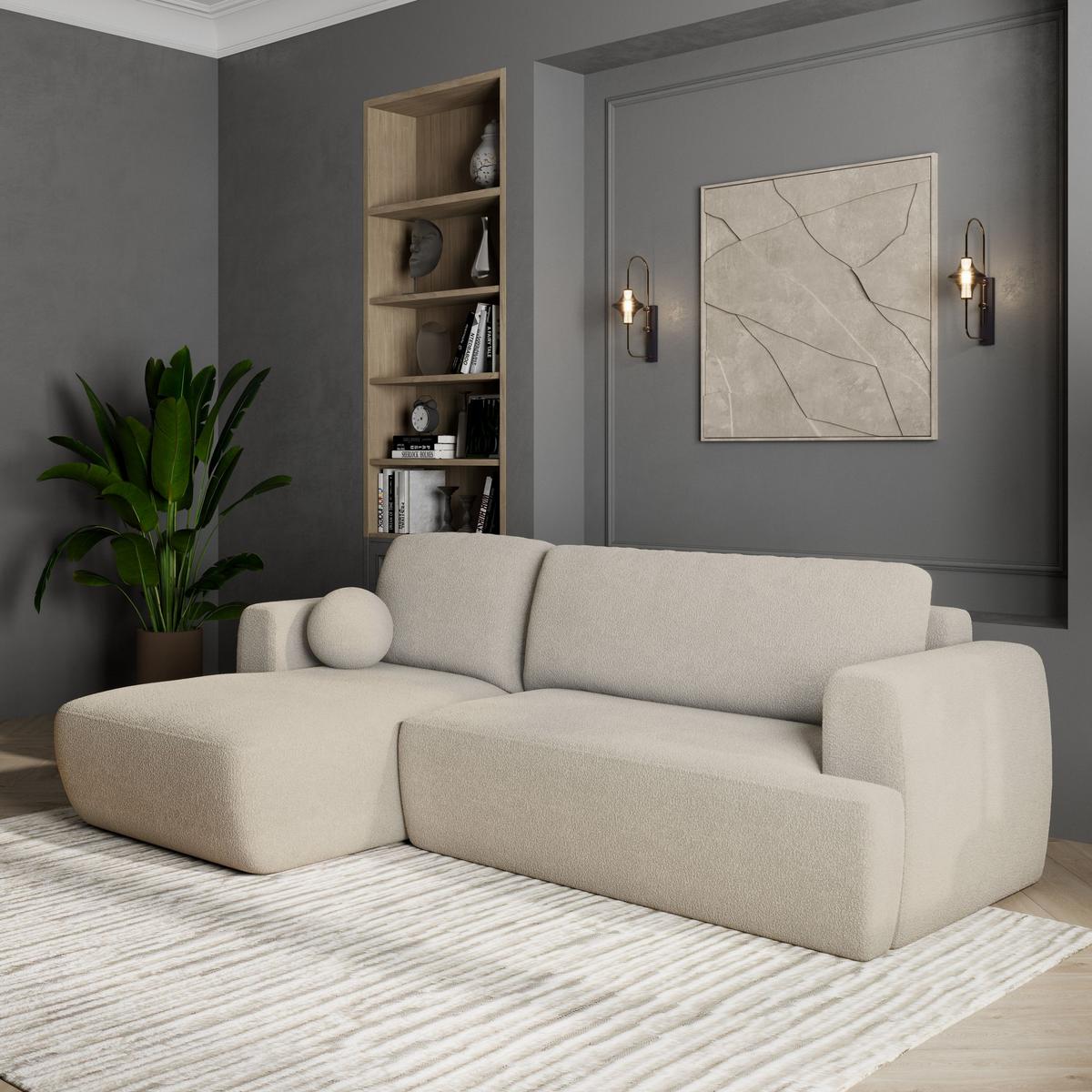 ECKSOFA SENTI N L-S Creme Boucle-Stoff mit Schlaffunktion - Creme/Schwarz, Holz/Kunststoff (246/148cm) - MASSENO