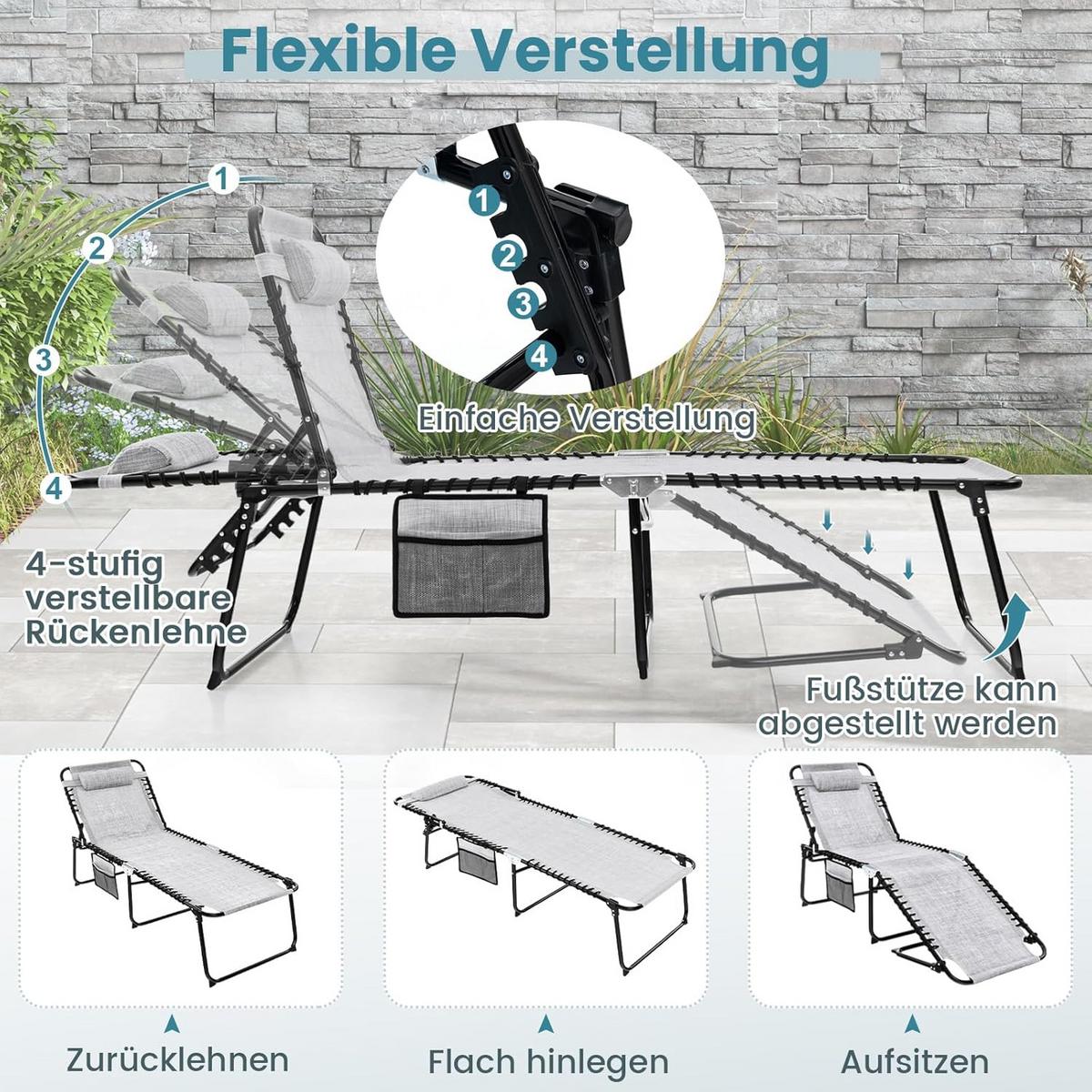 GARTENLIEGE Grau - Grau, Metall (188/86/69cm) - COSTWAY