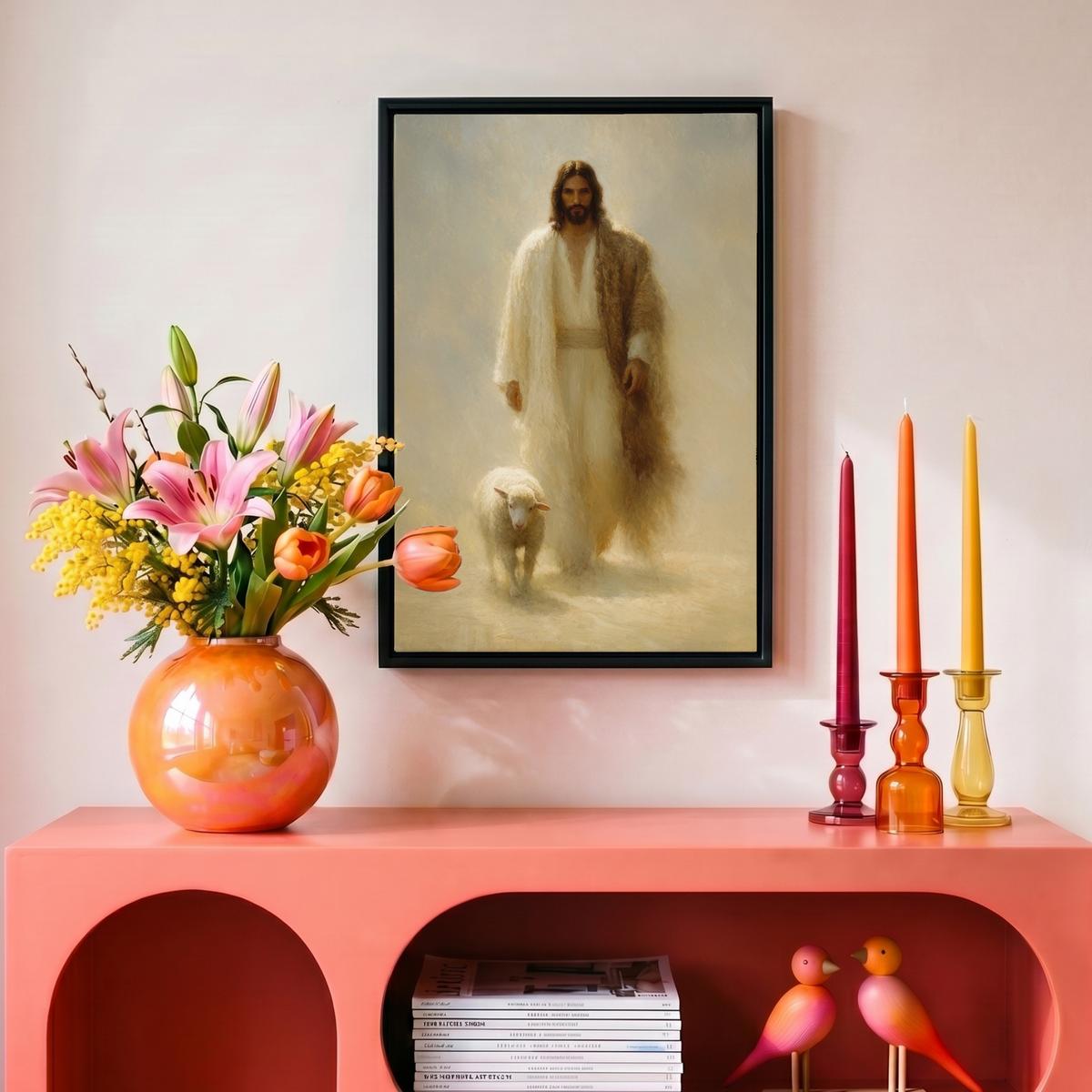 LEINWAND Bilder mit Rahmen - Schaf - Jesus - Pinselstriche - Abstrakt - 20x30 - Beige, Textil (20/30cm) - MuchoWow