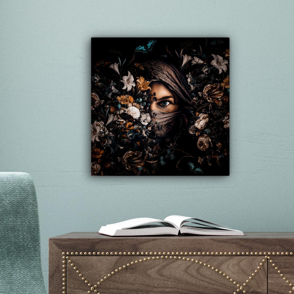 LEINWANDBILD Frau - Luxus - Blumen - Schmetterling - Porträt Deko Wohnzimmer 20x20 cm - Schwarz, Textil (20/20cm) - MuchoWow
