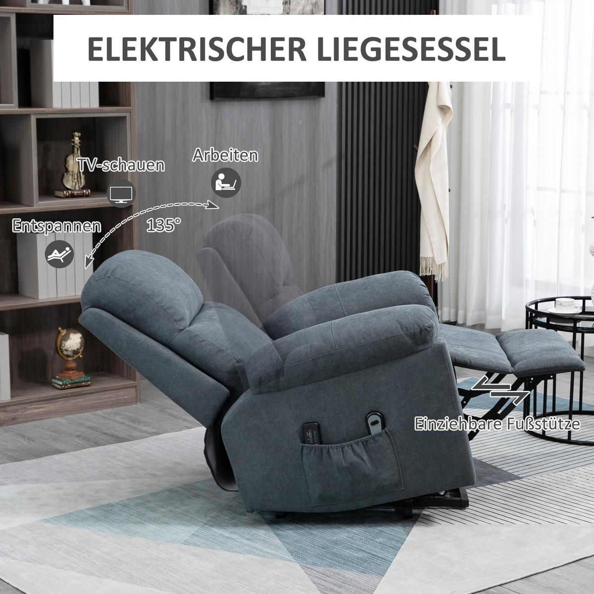SESSEL mit Aufstehhilfe, Relaxsessel, Massagesessel mit Seitentasche, Leinen - Schwarz/Grau, Textil/Metall (99/103/89cm) - HOMCOM