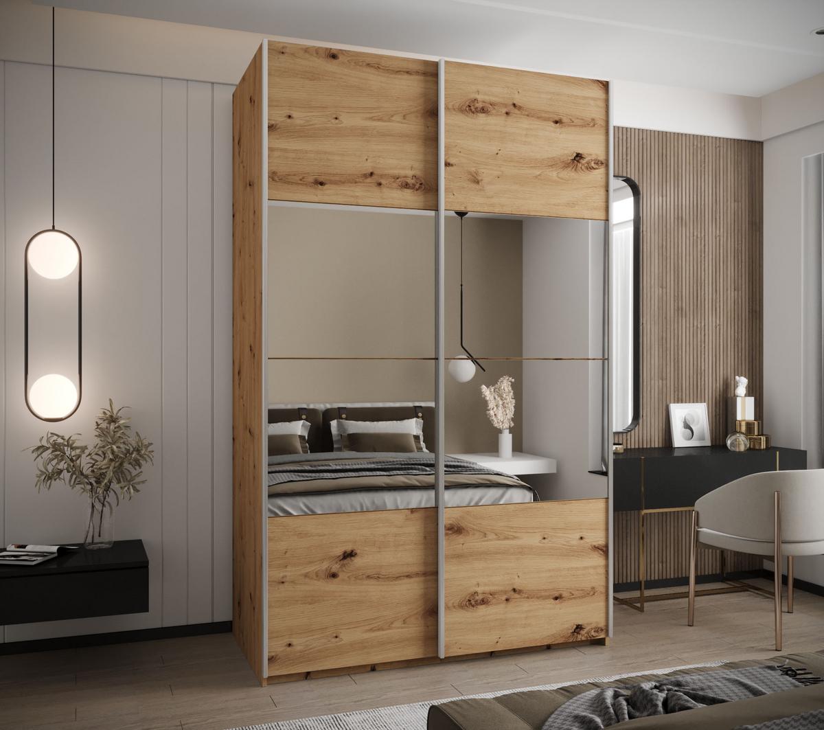 SCHWEBETÜRENSCHRANK 245,5/160/64 2-türig - Silberfarben/Eiche Artisan, Holz/Metall (160/245/64cm) - Abiks Möbel