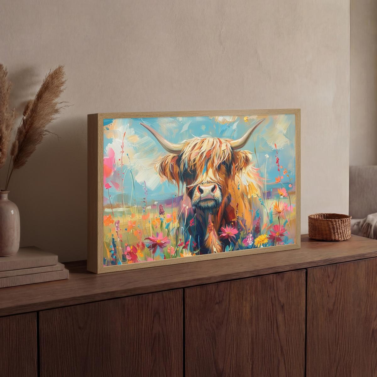 WANDLEUCHTE MIT AKKU Schottische Hochländer - Natur - Farbenfroh - Blumen 60x40 cm - Multicolor, Holzwerkstoff (60/40/8cm) - OnlyWow