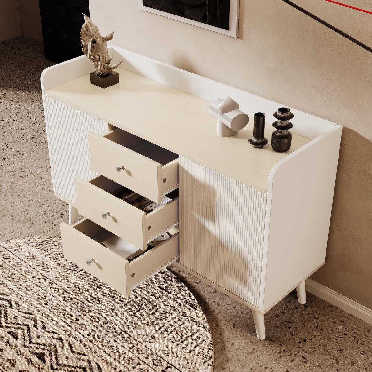 SIDEBOARD mit Schiebetüren & 3 Schubladen, Weiß und Holzoptik - Beige, Holzwerkstoff/Metall (117/79/40cm) - Urban Meuble