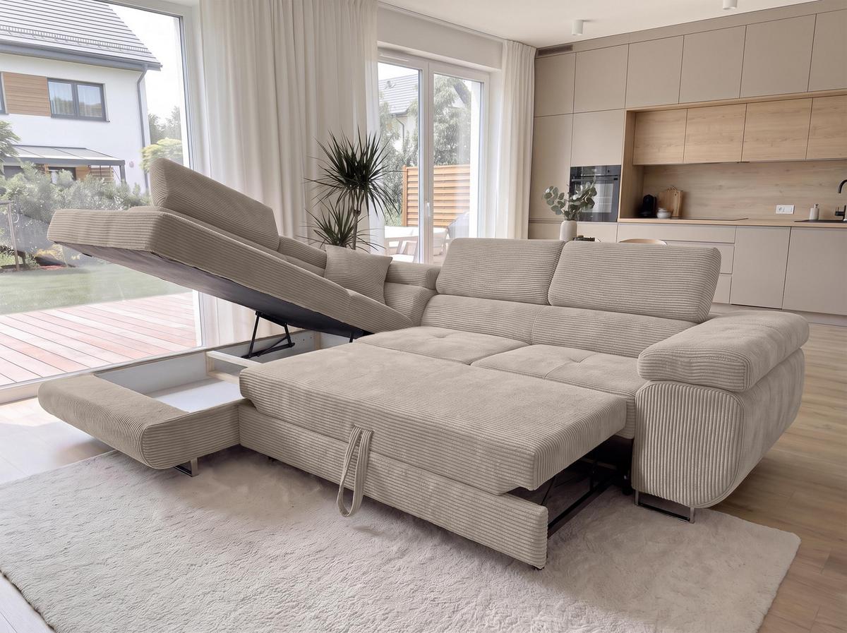 ECKSOFA L Form Konak Beige 276/201/90 cm Links mit Schlaffunktion - Beige/Silberfarben, Textil/Metall (203/276cm) - AX Living