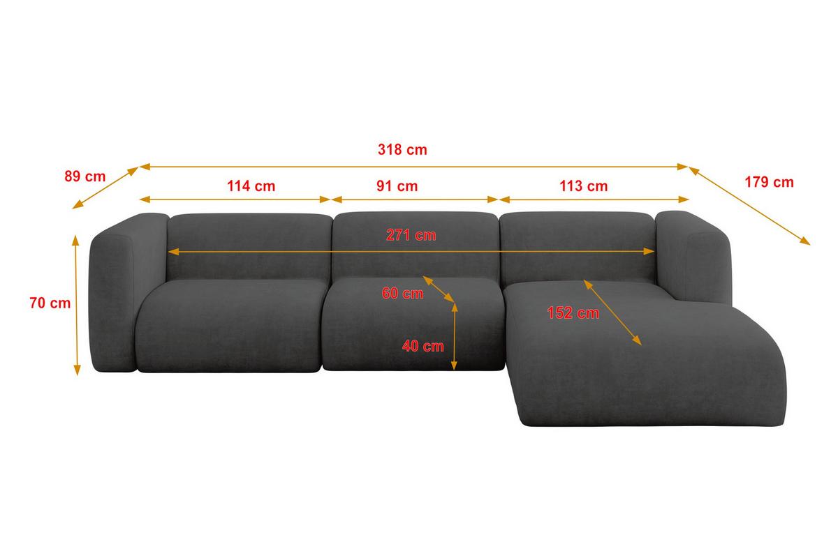 ECKSOFA Ottomane Rechts MIRA-L2 318x179x89 Dunkelgrau Velours - Dunkelgrau/Schwarz, Holzwerkstoff/Kunststoff (318/179cm) - ALTDECOR