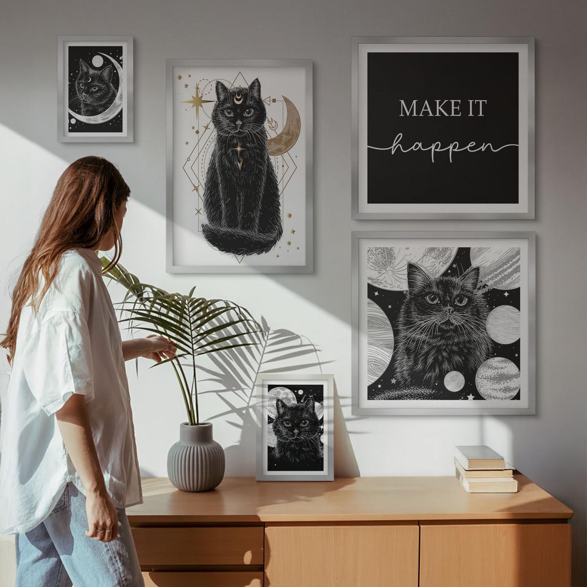 BILDER SET 5er Set - 50x50 cm & 20x30 cm & 40x60 cm Silberner Rahmen - Schwarze Katzen, Mond, Planet - Silberfarben, Kunststoff (40/60cm) - TULUP
