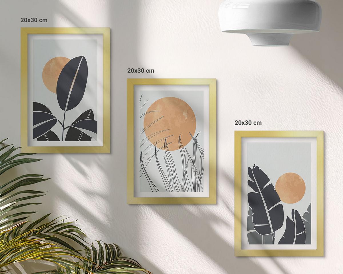 BILDER SET 3er Set - 20x30 cm Goldrahmen - Pflanzenmuster große Sonnen minimalistisch - Goldfarben, Kunststoff (20/30cm) - TULUP