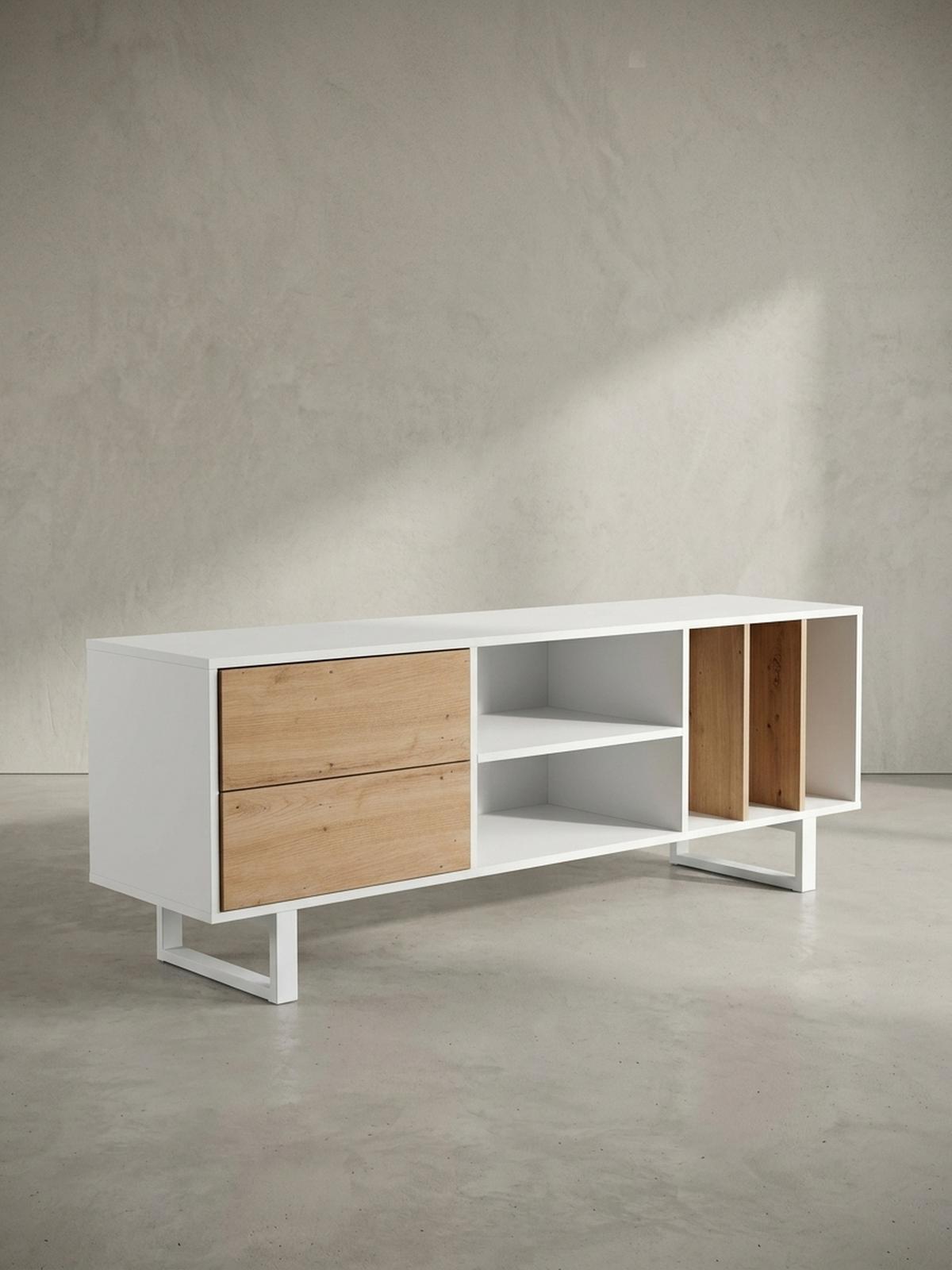 TV-LOWBOARD mit Eiche-Dekor, Schubladen und offenes Regal, modern, Weiß 150x40x55 cm - Weiß, Holzwerkstoff/Metall (150/55/40cm) - KADIMA DESIGN