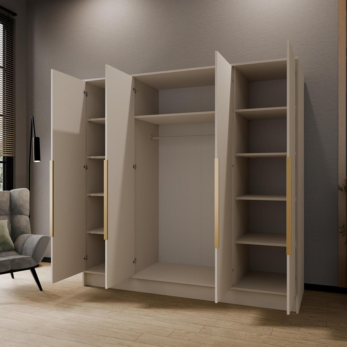 DREHTÜRENSCHRANK Pavia ohne Spiegel, Kaschmir mit goldenen Griffen, 200 cm - Kaschmir/Goldfarben, Holzwerkstoff (200/200/51cm) - Beautysofa