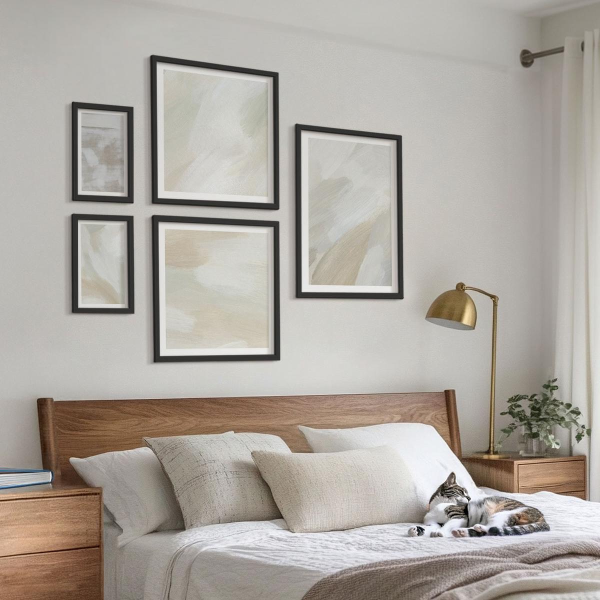 BILDER SET 5er Set - 50x50 cm & 20x30 cm & 40x60 cm Schwarzer Rahmen - Abstrakte Pinselmalerei auf Leinwand - Schwarz, Kunststoff (40/60cm) - TULUP