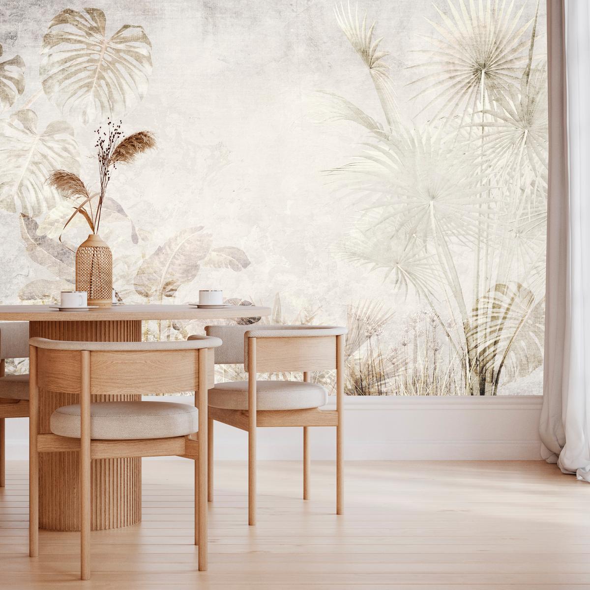 FOTOTAPETE für Wohnzimmer Tropisch Vintage Palmenblätter Beton 200x140 - Beige/Creme, Papier (200/140cm) - Muralo