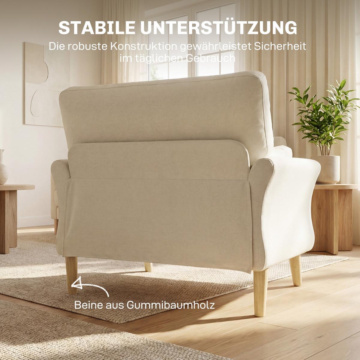 SESSEL Polyester Kautschukholz Cremeweiß - Creme/Naturfarben, Holz/Textil (80/88/103cm) - HOMCOM