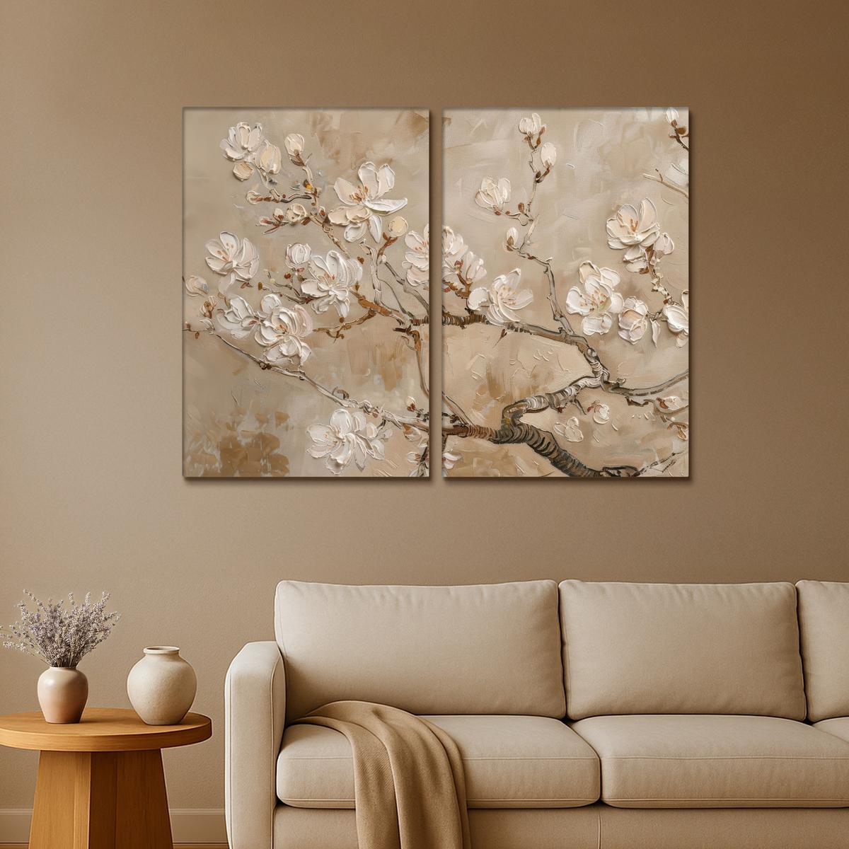 LEINWANDBILD 2er Set Beige - Blüte - Modern 160x120 cm - Beige, Textil (160/120cm) - MuchoWow
