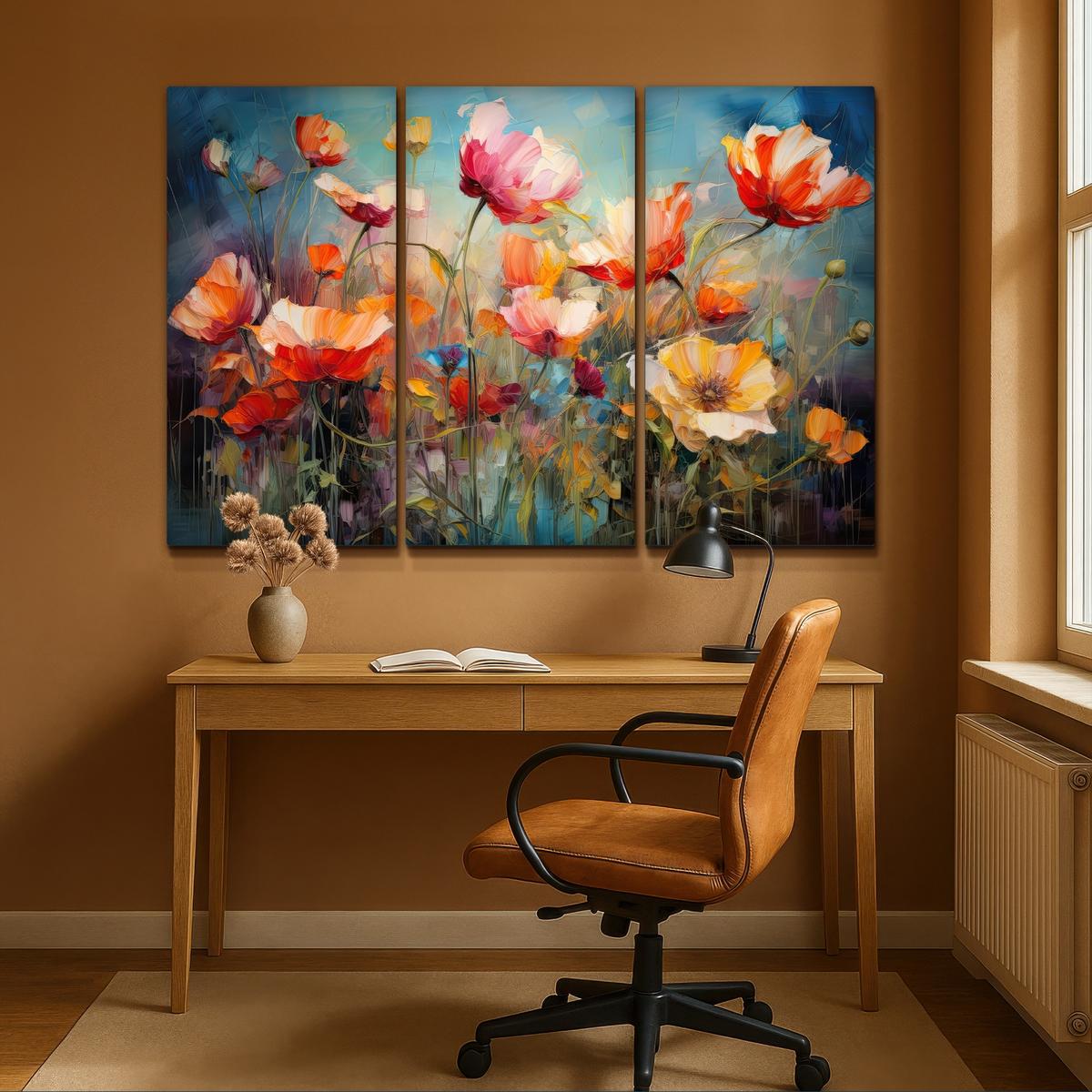 LEINWANDBILD 3er Set Blumen - Bunt - Abstrakt 180x120 cm - Blaugrau, Textil (180/120cm) - MuchoWow
