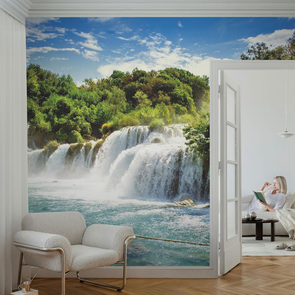 FOTOTAPETE 250x104 cm - Ein atemberaubender Wasserfall - Grün, Textil (250/104cm) - Wallfluent