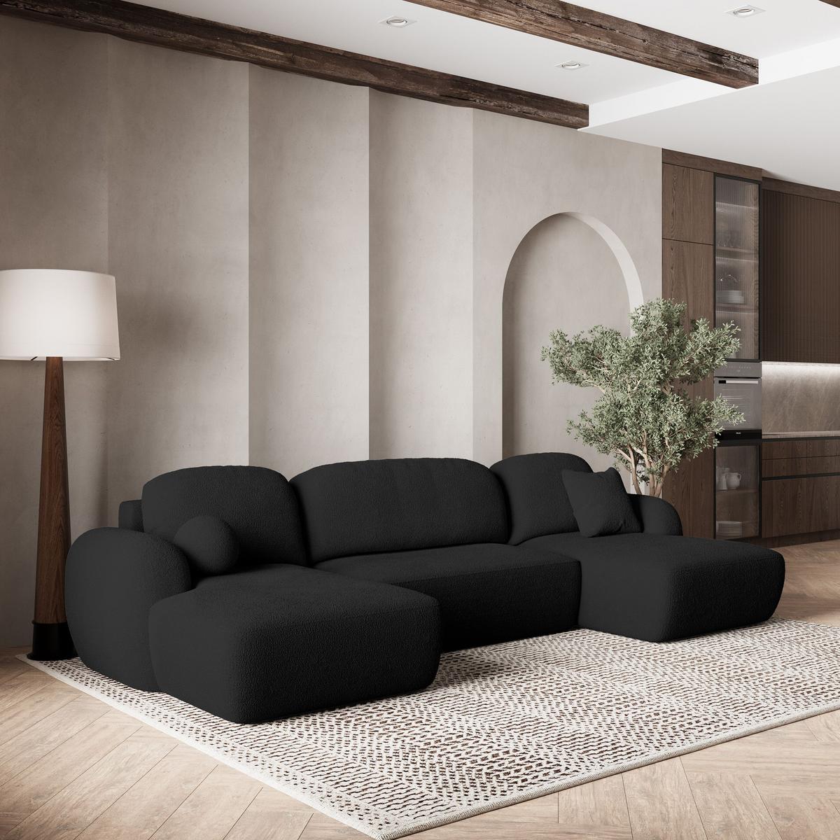 WOHNLANDSCHAFT SAVONA N Schwarz Boucle-Stoff mit Schlaffunktion - Schwarz, Holz/Kunststoff (320/90/148cm) - MASSENO