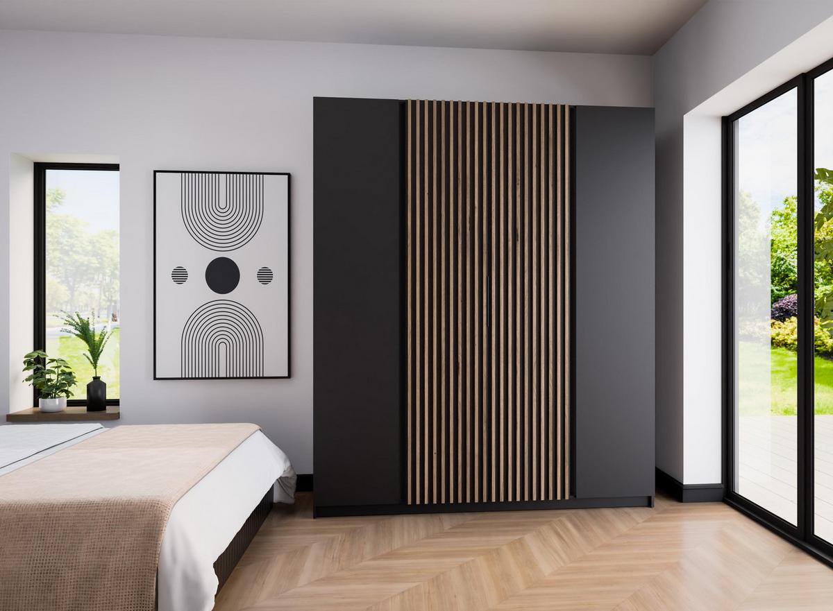 KLEIDERSCHRANK Nehir Korpus Schwarz, Front Schwarz/Eiche Evoke 200 cm - 4T Modern mit 2 Lamellentüren mittig - Schwarz, Holzwerkstoff/Kunststoff (200/239/61.9cm) - AX Living