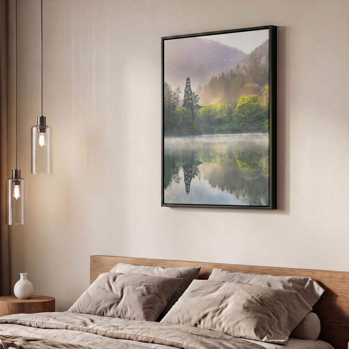 LEINWAND Bilder mit Rahmen - Natur - Bäume - Berge - See - Wasser - 60x80 - Hellgrün, Textil (60/80cm) - MuchoWow