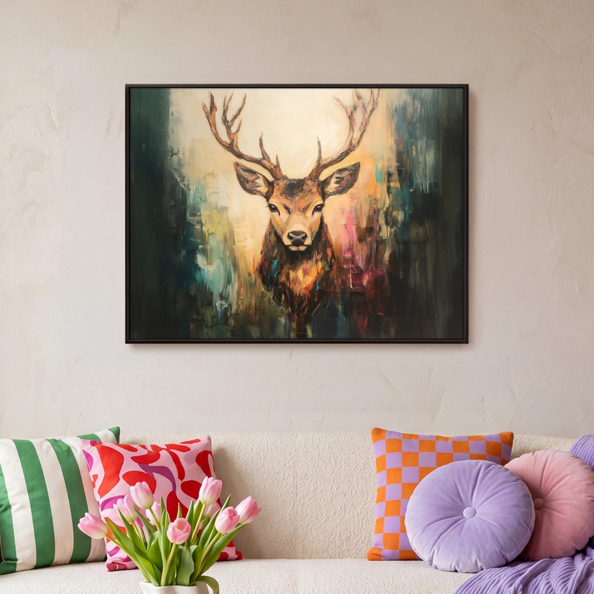 LEINWAND Bilder mit Rahmen - Hirsch - Gemalt - Geweih - Braun - 80x60 - Haselnussfarben, Textil (80/60cm) - MuchoWow