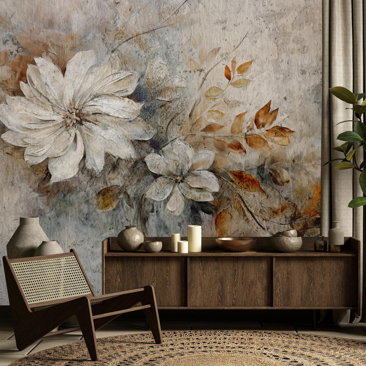 FOTOTAPETE für Wohnzimmer Retroblumen Blätter Beton Abstraktion Pflanzen 100x70 - Multicolor, Papier (100/70cm) - Muralo
