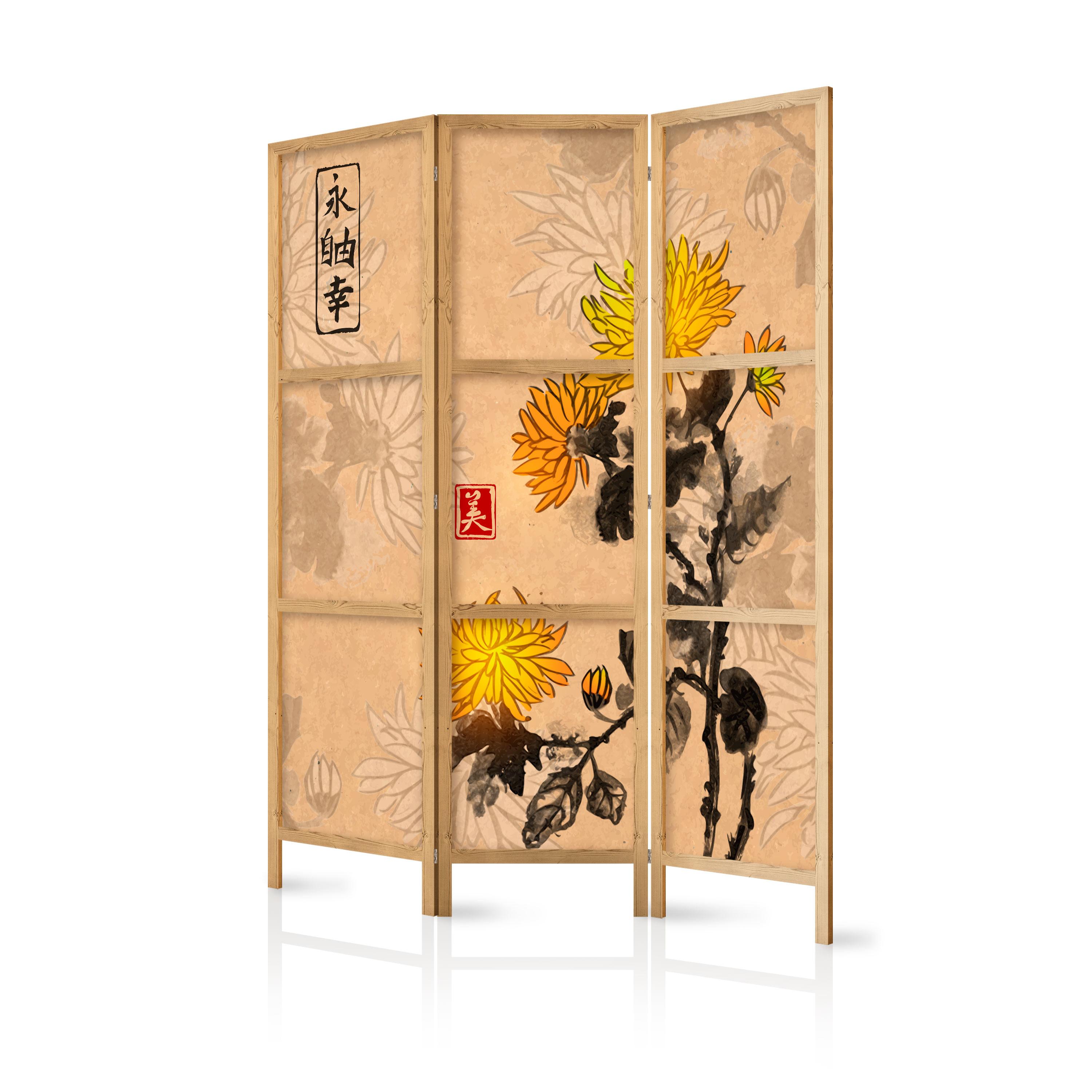 PARAVENT Japanischer 3-tlg 135x172 cm Aquarell Chrysanthemen - Braun, Holz/Textil (135/172/3cm) - Muralo