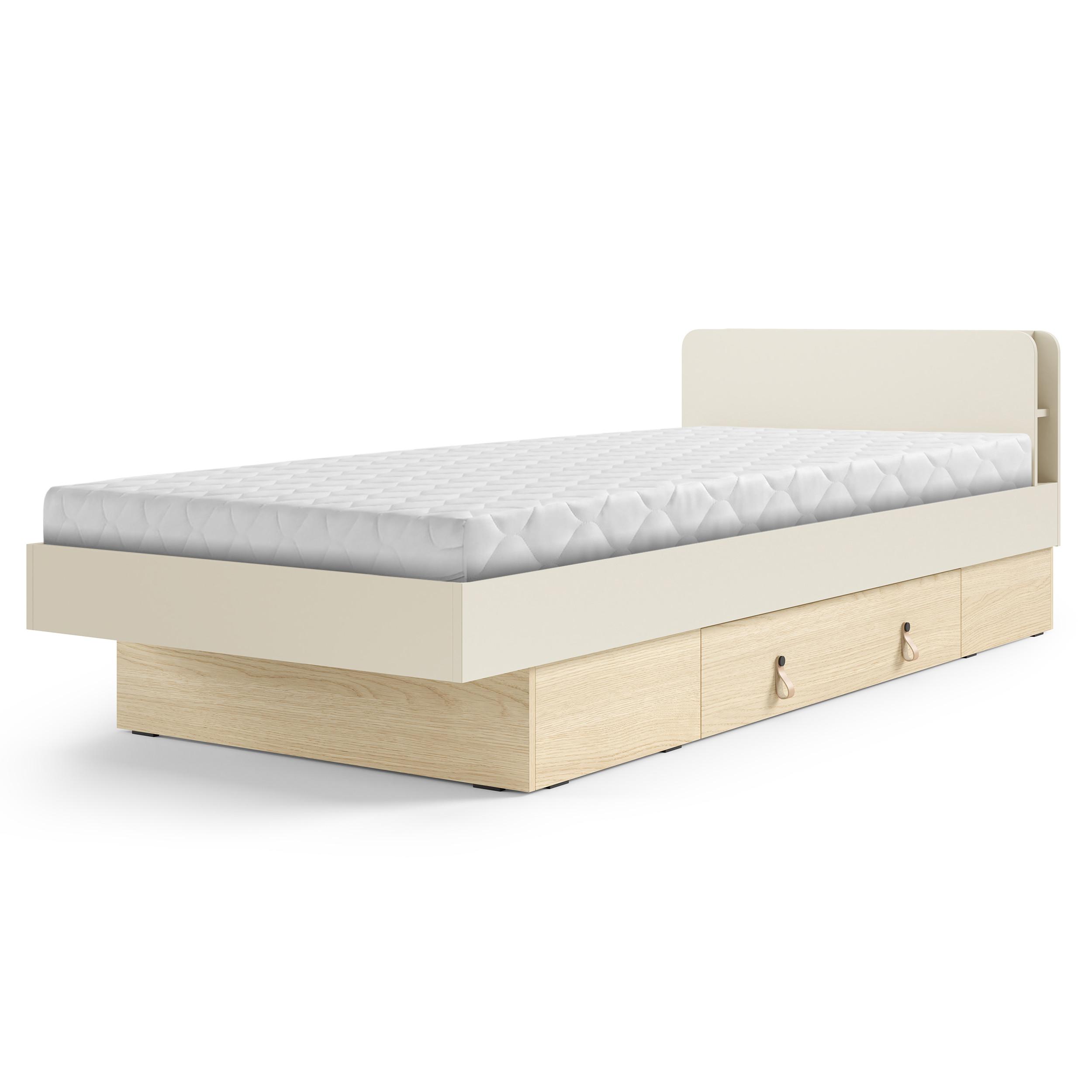 BETT Sorella 90x200 cm mit Lattenrost und Bettkasten-Schublade, ohne Matratze, Macadamia + Eiche Mavelie - Eichefarben/Beige, Leder/Holzwerkstoff (90/200cm) - Beautysofa