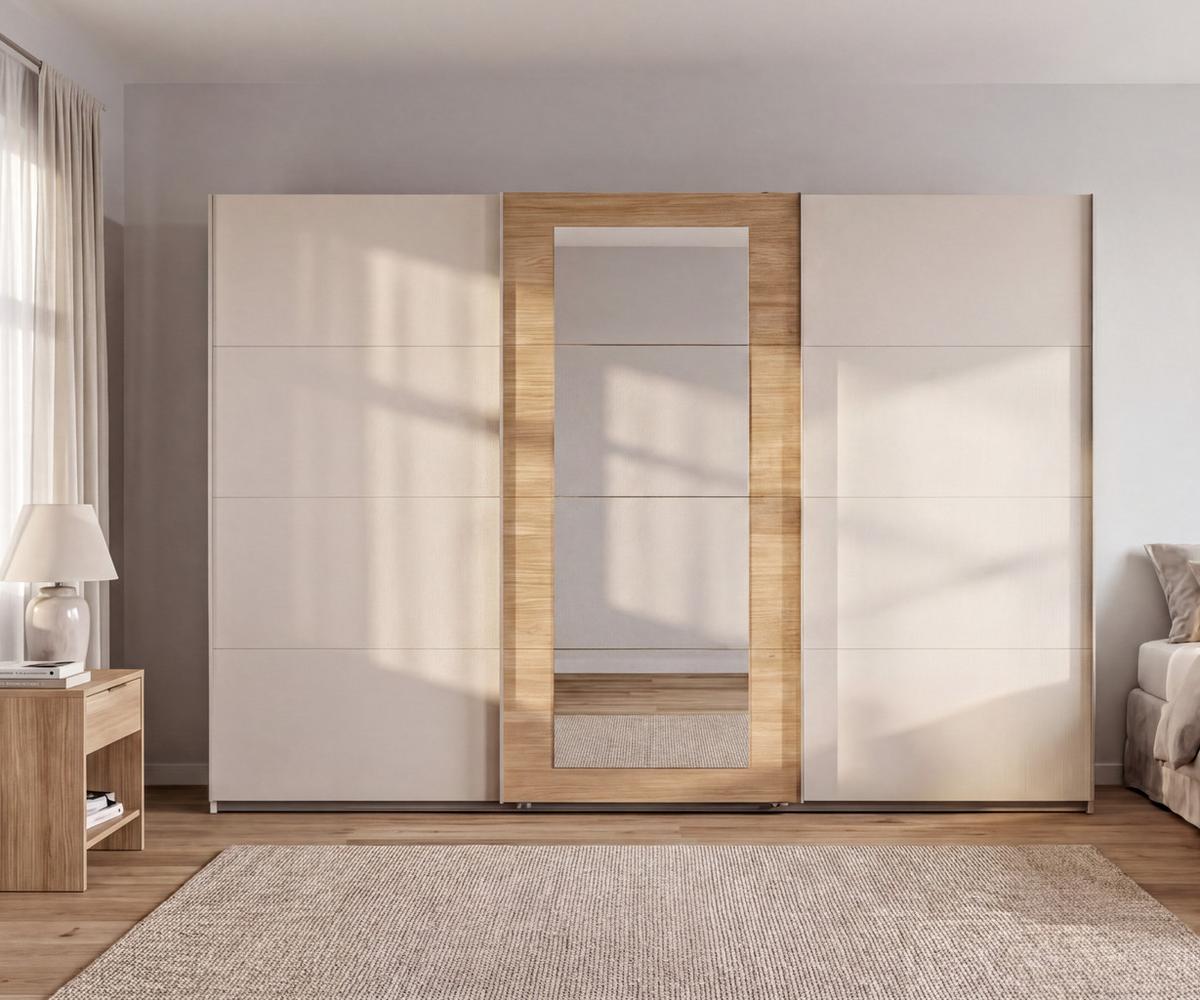 SCHWEBETÜRENSCHRANK 3-türig B313/H208/64 cm Kleiderschrank in Beige Grau, Spiegel umrahmt in Eiche Natur, Griffe Beige Grau / 22631 - Beige/Grau, Holzwerkstoff/Metall (313/208/64cm) - luma-home