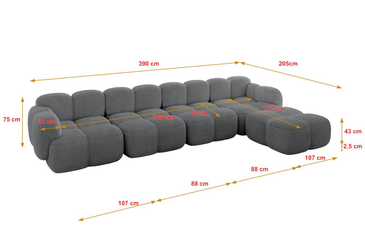 ECKSOFA modulares Sofa Rechts Miko-L3 390x205x75 Dunkelgrau Cord - Graphitfarben/Schwarz, Holzwerkstoff/Kunststoff (390/205cm) - ALTDECOR