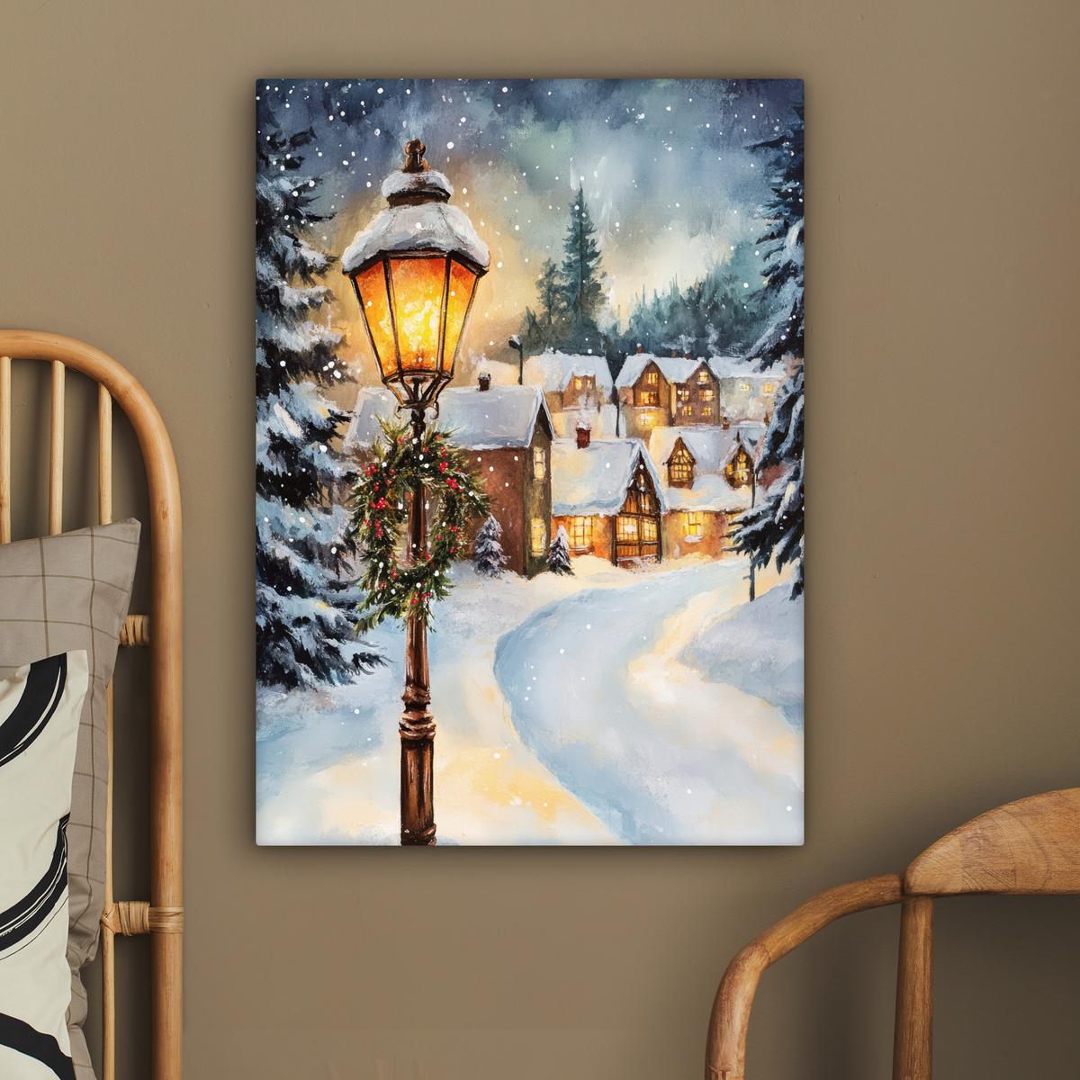 LEINWANDBILD Weihnachtsdorf - Häuser - Schnee - Weihnachten Wandbild Wohnzimmer 60x80 cm - Sandfarben, Textil (60/80cm) - MuchoWow
