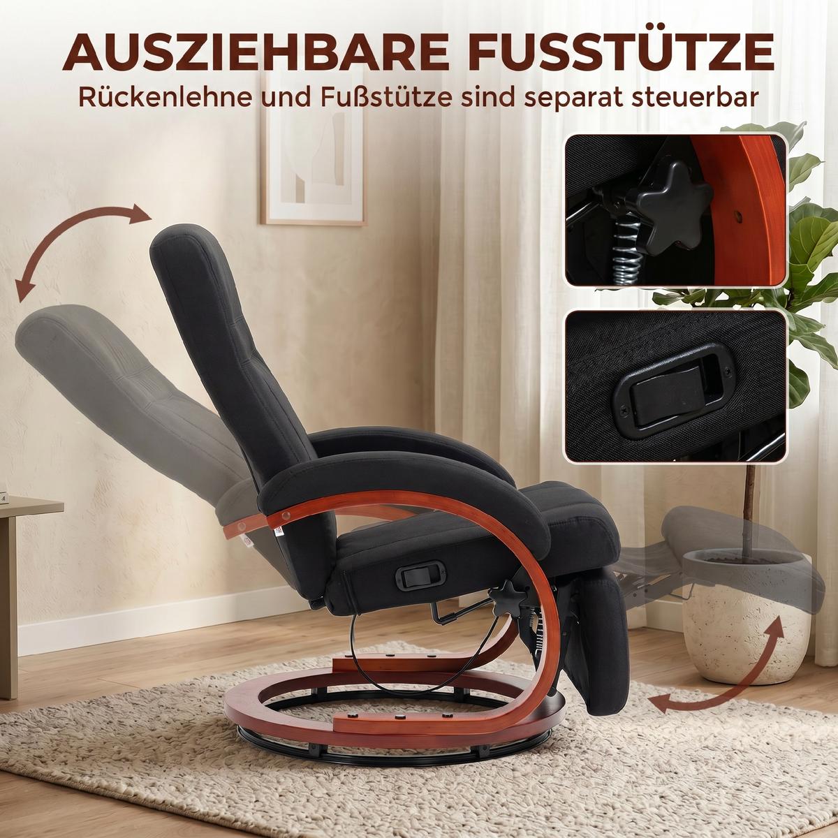 RELAXSESSEL Polyester Eukalyptusholz Schwarz - Schwarz, Holz/Textil (68/100/86cm) - HOMCOM