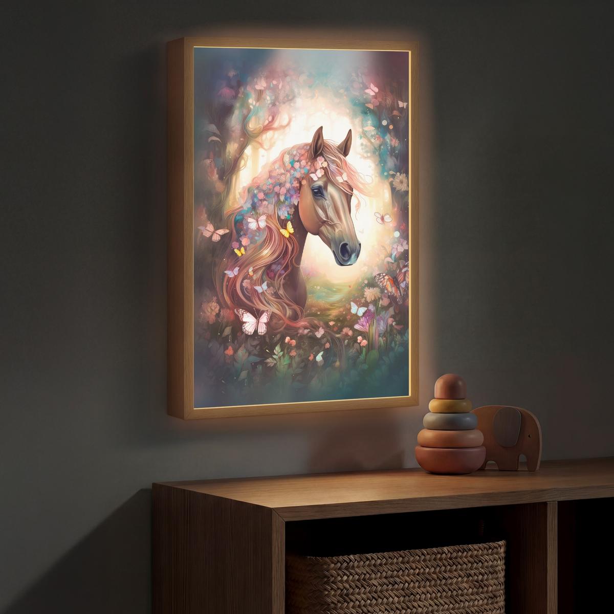 WANDLEUCHTE MIT AKKU Pferd - Natur - Blumen - Schmetterlinge - Wald 40x60 cm - Dunkelbraun, Holzwerkstoff (40/60/8cm) - OnlyWow