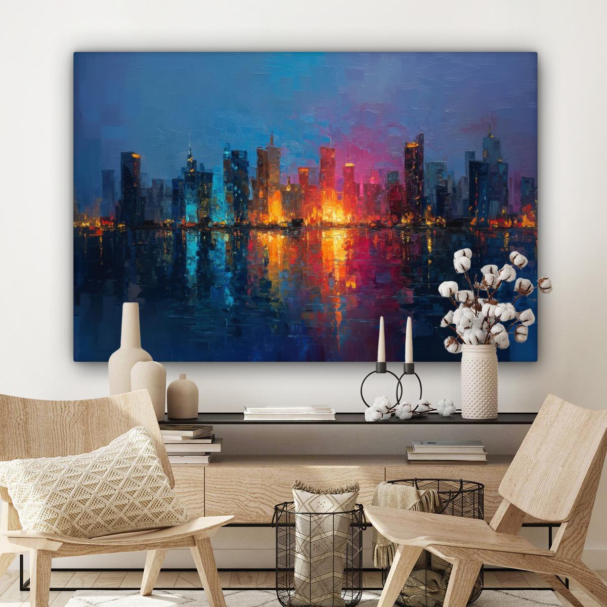 LEINWANDBILD Skyline - Pinselstriche - Dunkelblau - Leuchtend Groß 140x90 cm - Blau, Textil (140/90cm) - MuchoWow