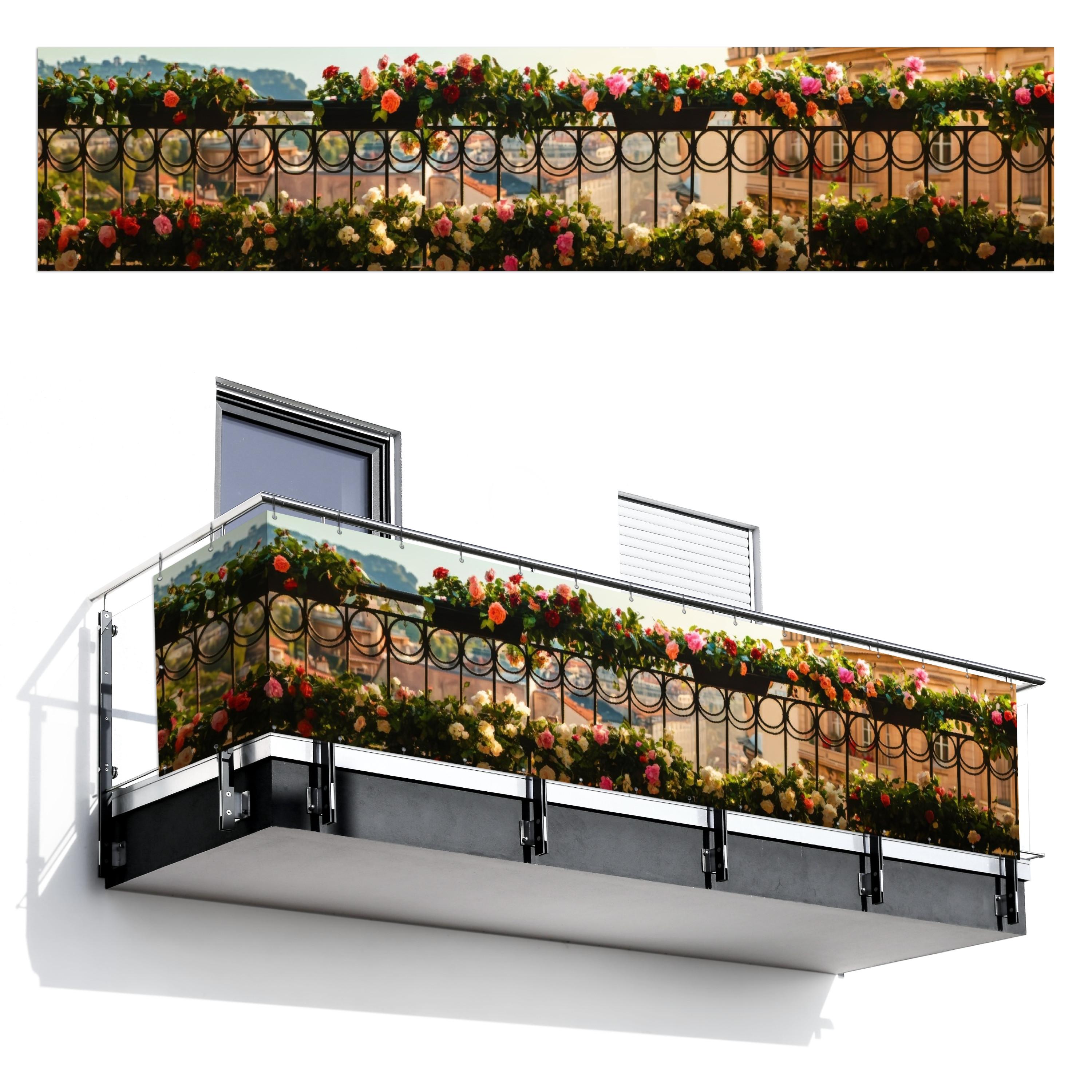 BALKON-SICHTSCHUTZ Blumen - Zaun - Stadtbild - Sommer Deko XXL 500x110 cm - Pink, Kunststoff (500/110cm) - MuchoWow