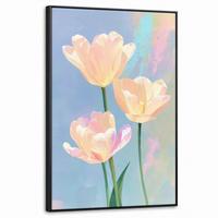 LEINWAND Bilder mit Rahmen - Tulpen - Rosa Akzente - Blau - 60x90 - Pastellblau, Textil (60/90cm) - MuchoWow