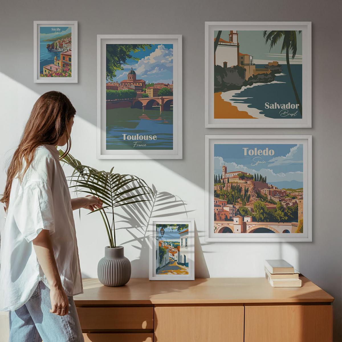 BILDER SET 5er Set - 50x50 cm & 20x30 cm & 40x60 cm Weißer Rahmen - Illustrationen zur Retro-Architektur der Berge - Weiß, Kunststoff (40/60cm) - TULUP
