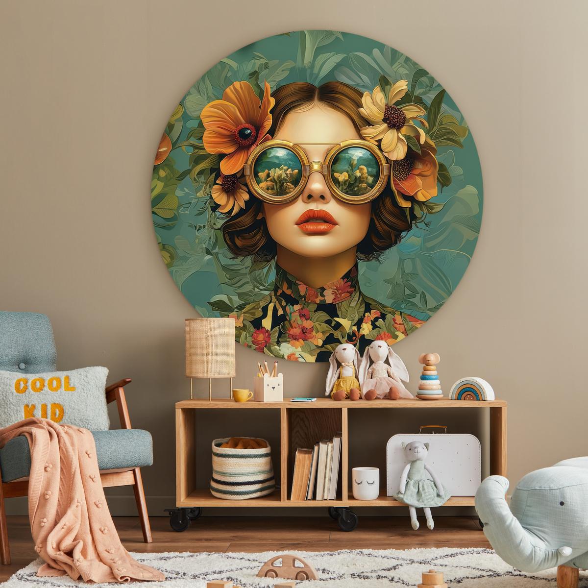WANDBILD Frau - Blumen - Schmetterlinge - Natur - Vintage Deko Groß 150x150 cm - Petrol, Kunststoff (150/150cm) - MuchoWow