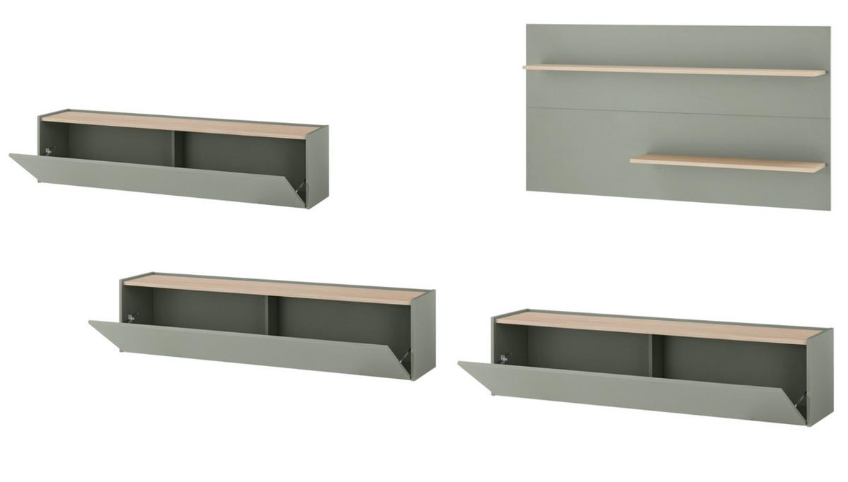 WOHNWAND 4-teilig, Set in Salbei Grün und Eiche, mit XXL TV Lowboard 300 cm hängend, gesamt 400 x 190 cm - Salbeigrün/Eichefarben, Holz/Holzwerkstoff (400/190/30cm) - Furn.Design