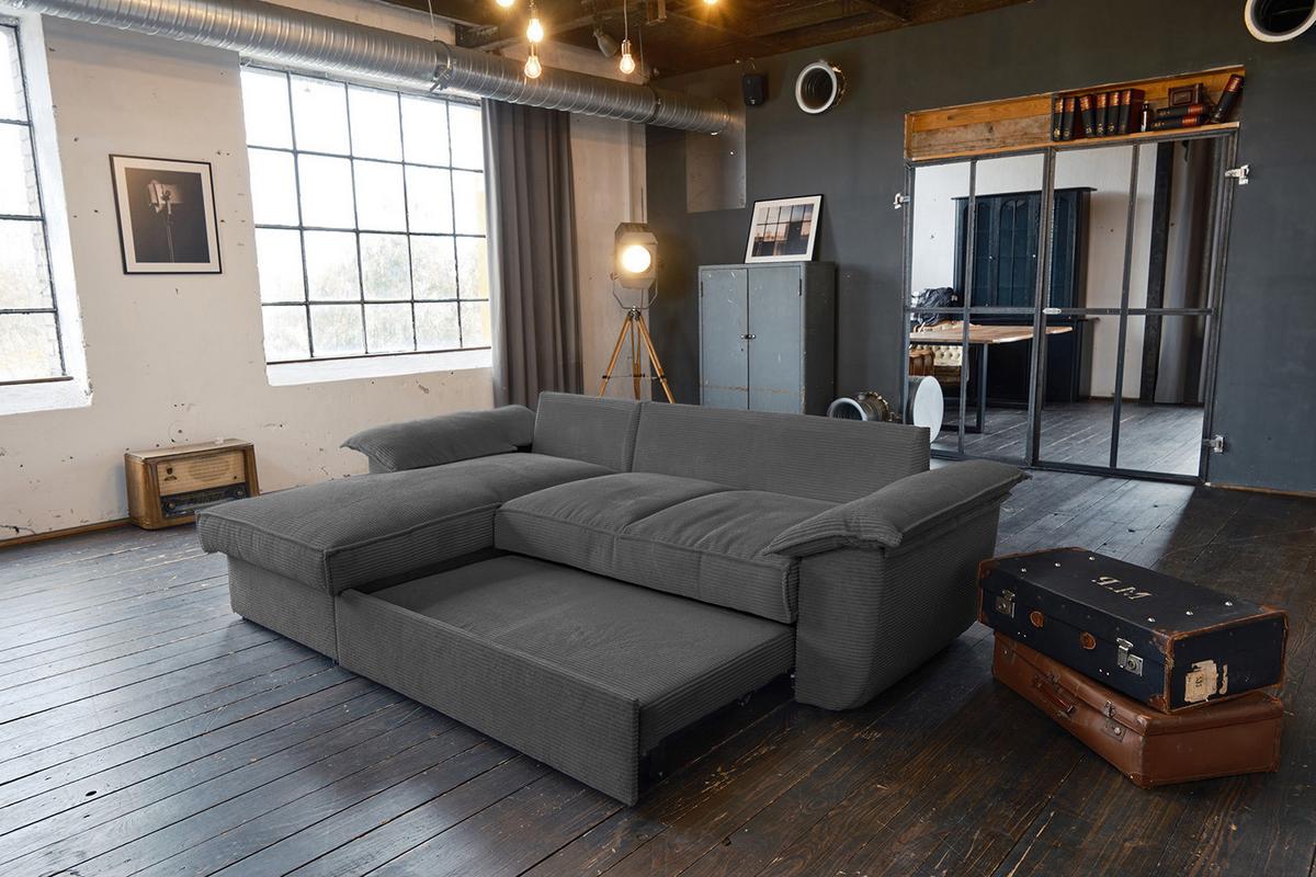 ECKSOFA DAMETO Grau Cord Mit Schlaffunktion - Schwarz/Grau, Kunststoff/Textil (266/174cm) - KAWOLA