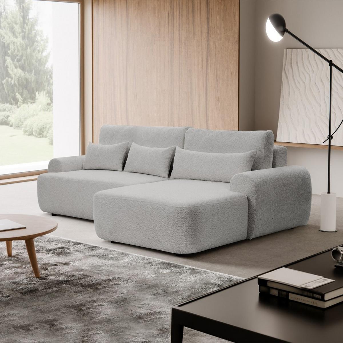 ECKSCHLAFSOFA Oliver im Bouclé-Gewebe, Hellgrau, rechts - Hellgrau/Schwarz, Textil (266/160cm) - Beautysofa