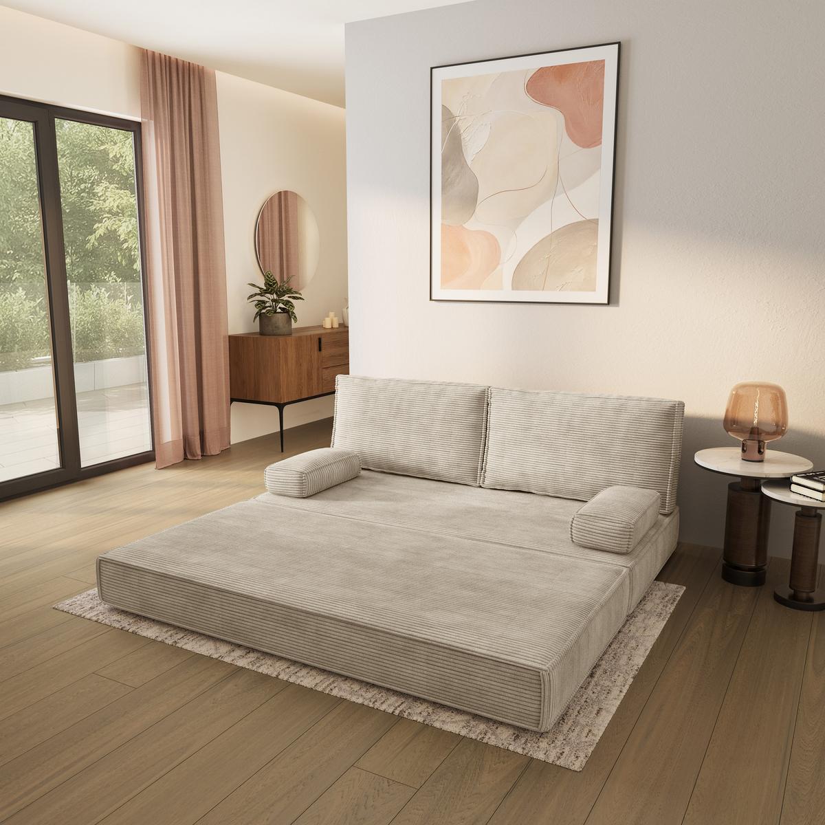 BETTSOFA SILAR aus Schaumstoff Kordstoff Creme Schlaffunktion - Creme, Textil (170/86/80cm) - MASSENO
