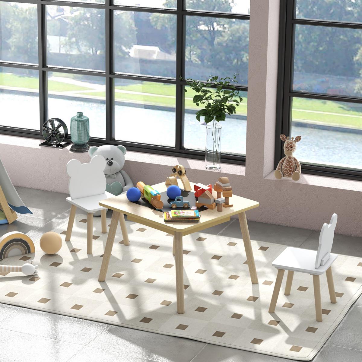 KINDER-TISCH-STUHL-SET 3er Set MDF Naturholz - Weiß/Naturfarben, Holz/Holzwerkstoff (60/44/60cm) - AIYAPLAY