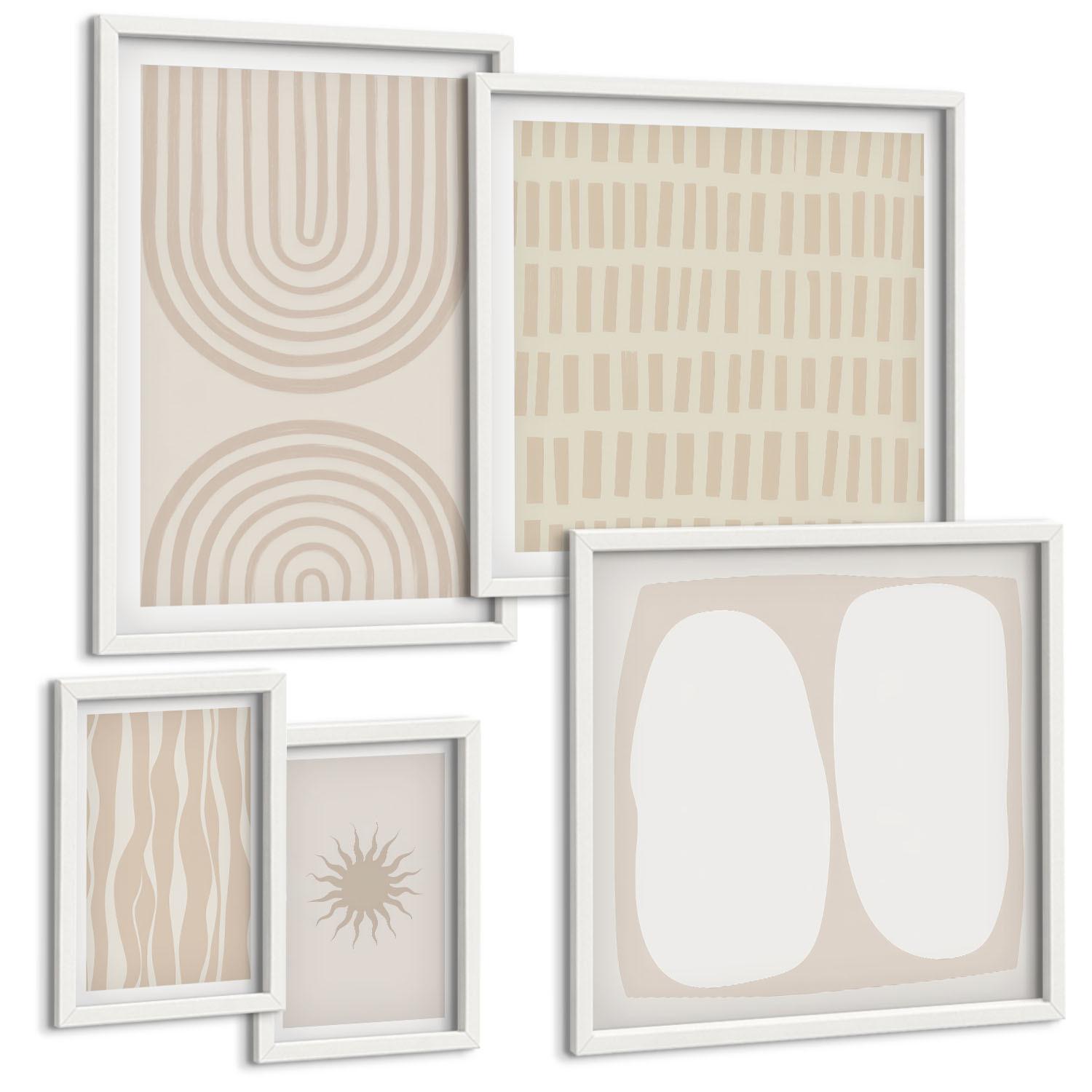 BILDER SET 5er Set - 50x50 cm & 20x30 cm & 40x60 cm Weißer Rahmen - Abstrakte Boho-Musterformen - Weiß, Kunststoff (40/60cm) - TULUP