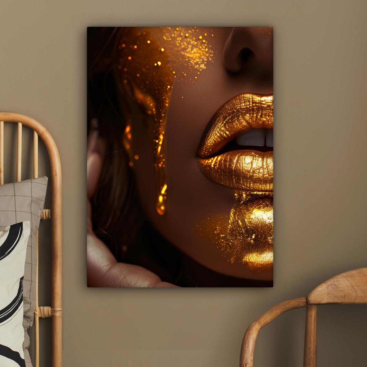 LEINWANDBILD Frau - Gold - Luxus - Porträt Wandbild Wohnzimmer 60x80 cm - Goldfarben, Textil (60/80cm) - MuchoWow