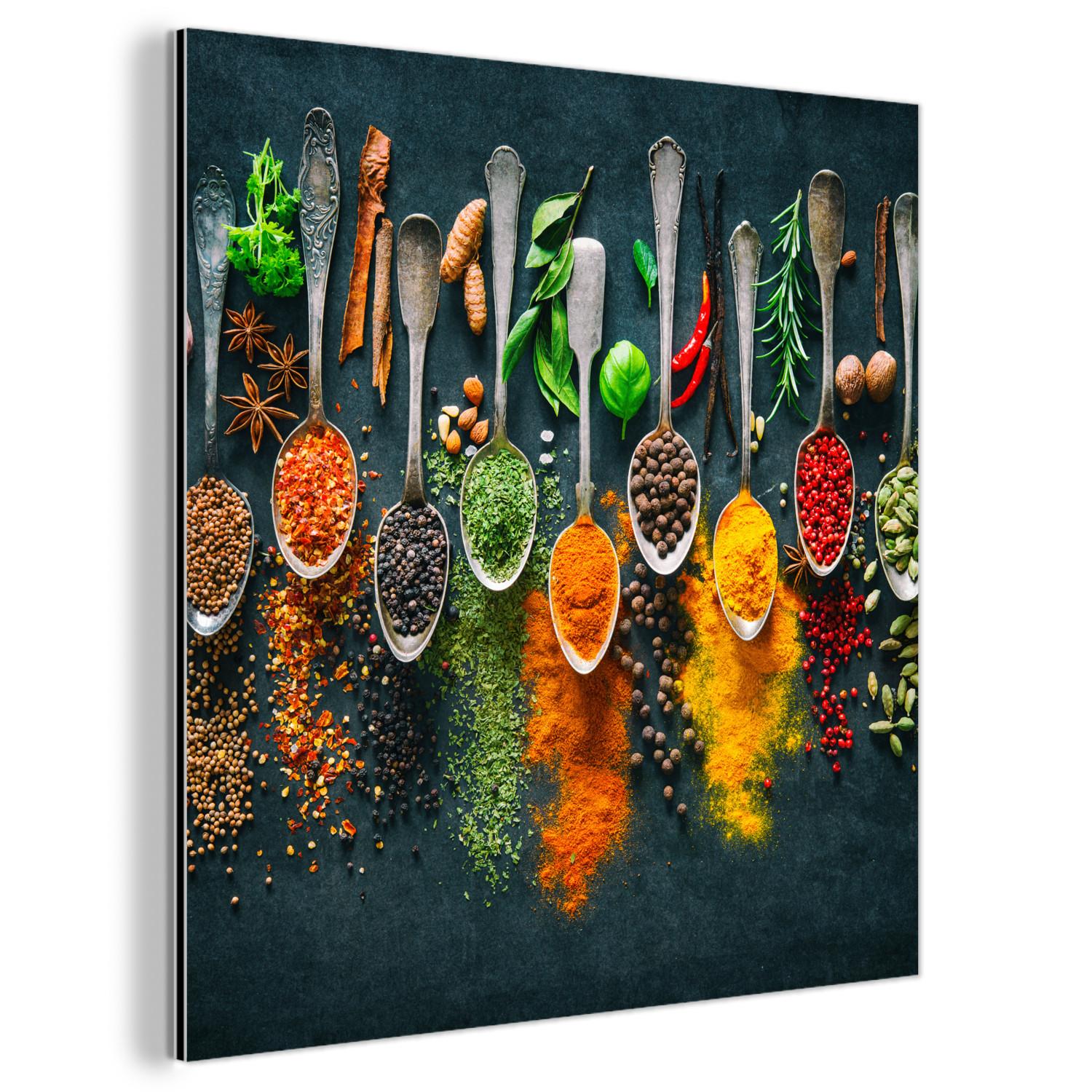 METALLBILD Kräuter - Gewürze - Löffel 90x90 cm - Currygelb, Metall (90/90cm) - MuchoWow