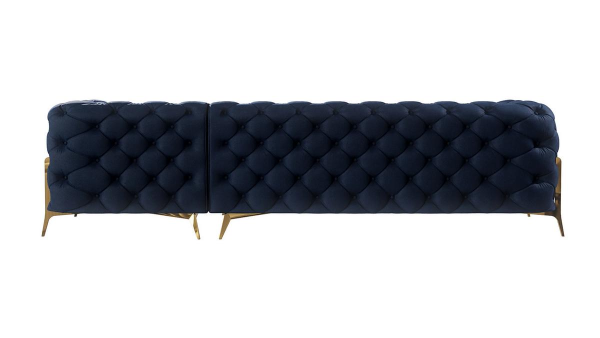 ECKSOFA Chesterfield Lexi Marineblau Samt, Ottomane rechts - Goldfarben/Dunkelblau, Holz/Textil (305/200cm) - S-Style