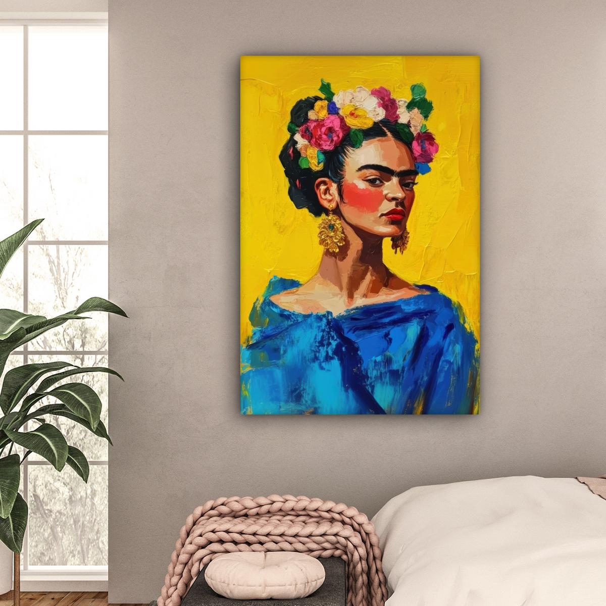 LEINWANDBILD Frida Kahlo - Frau - Gelb - Blau - Blumen Deko XXL 80x120 cm - Gelb, Textil (80/120cm) - MuchoWow