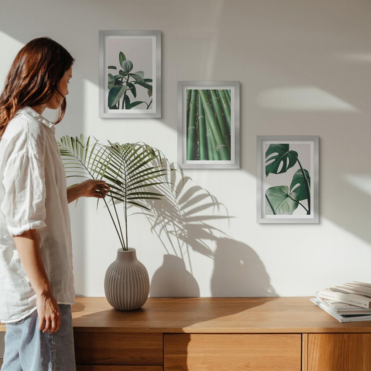BILDER SET 3er Set - 20x30 cm Silberner Rahmen - Bambusstängel und Monstera-Blätter - Silberfarben, Kunststoff (20/30cm) - TULUP