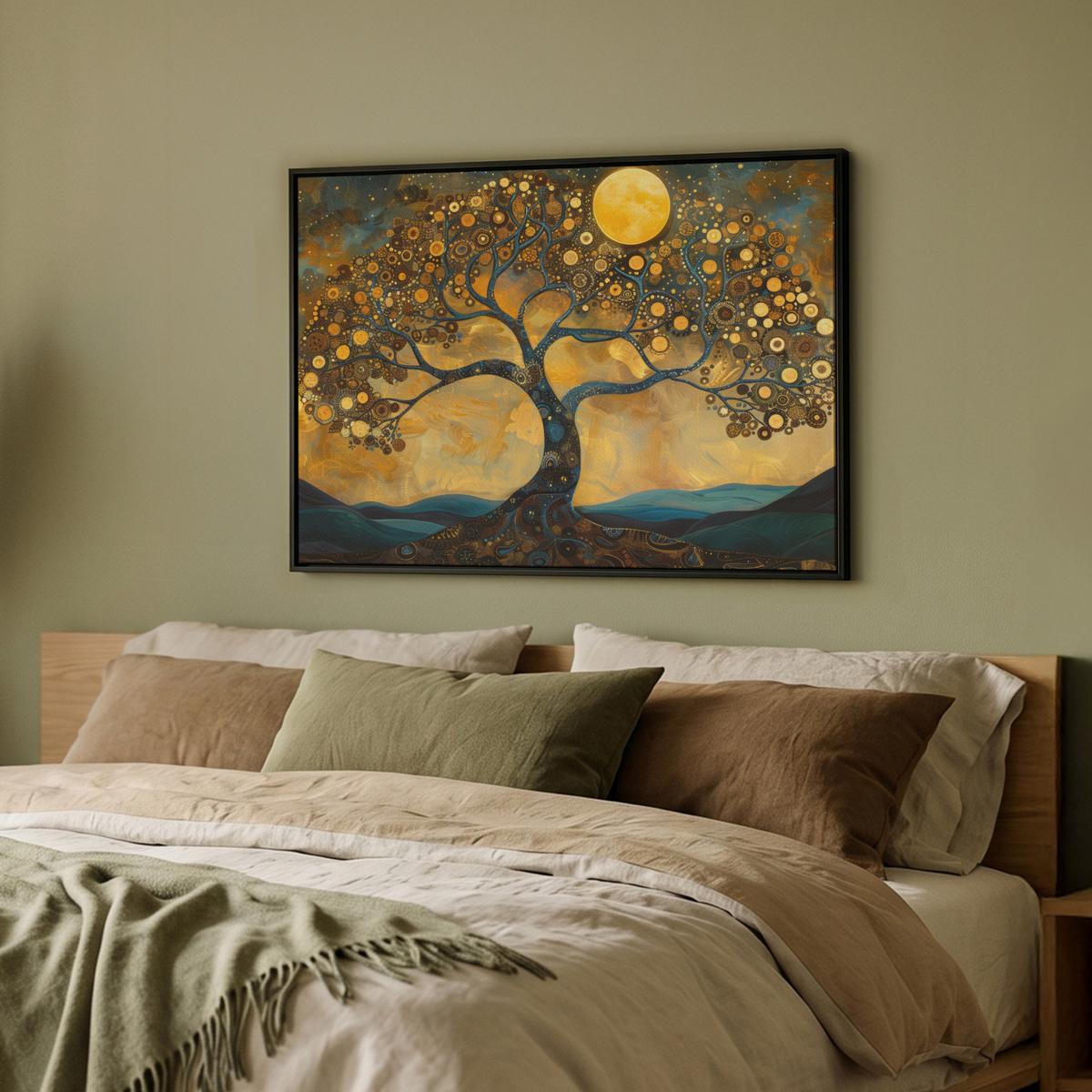 LEINWAND Bilder mit Rahmen - Baum - Mond - Blumen - Gold - Kunst - 80x60 - Orange, Textil (80/60cm) - MuchoWow